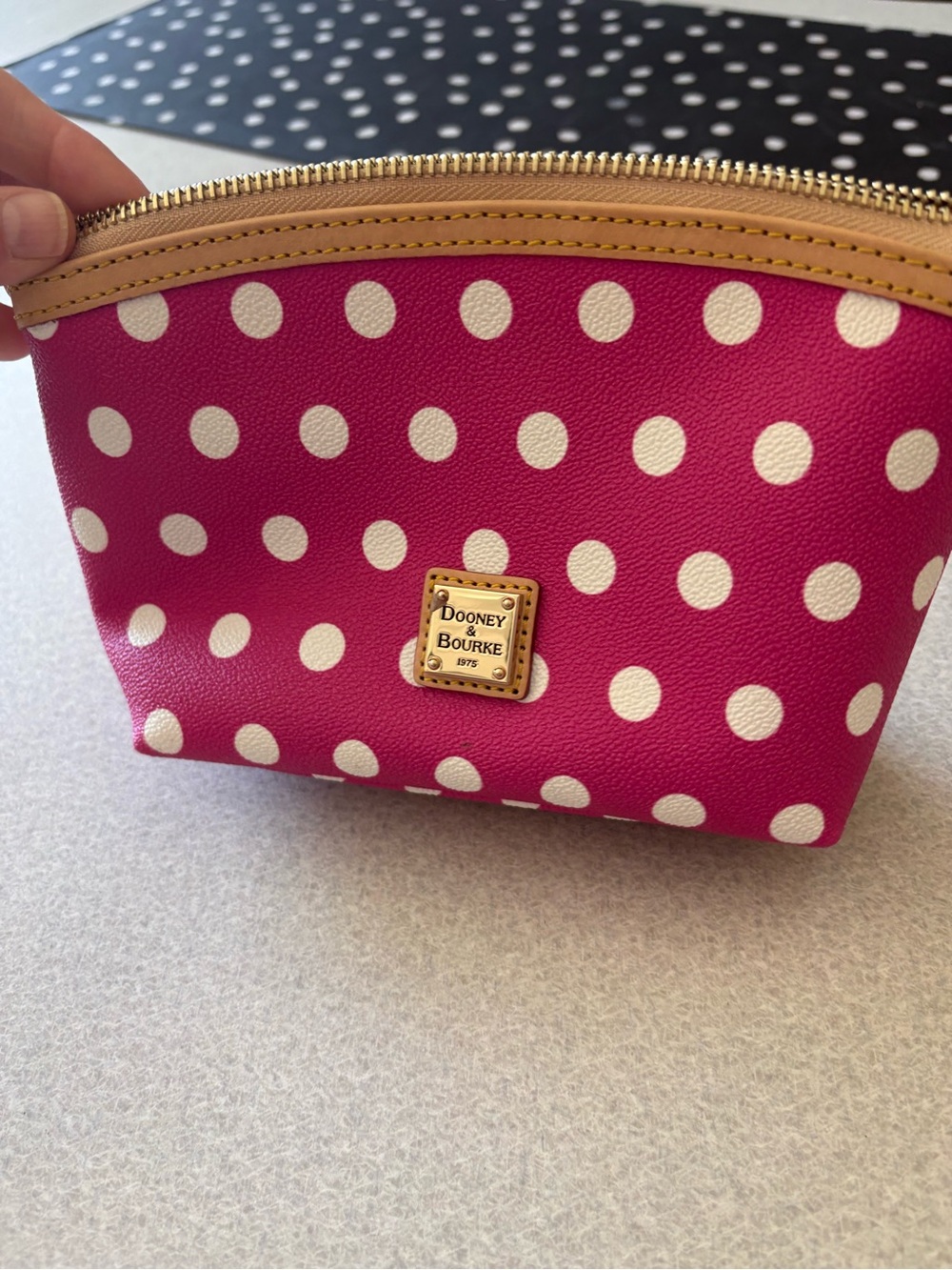 Dooney & Bourke Fuchsia Polka Dot Cosmetic Pouch with Tan Trim